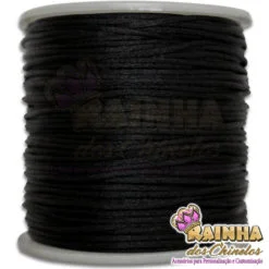 Cordão de Cetim, Fio de Seda, Rabo de Rato Liso Preto 1mm