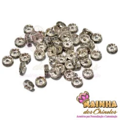 Entremeio Prata Rondela Reta com Strass Cristal 08mm