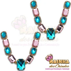 Cabedal em V Retângulos Azul e Rosa Strass Cristal 1ª Linha (Par)