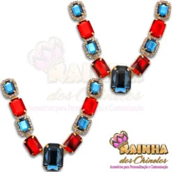 Cabedal em V Retângulos Azul e Vermelho Strass Cristal 1ª Linha (Par)