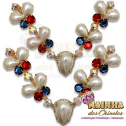 Cabedal em V Perolado Vermelho e Azul (Par)