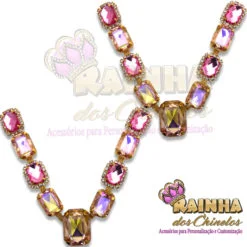 Cabedal em V Retângulos  Rosa e Salmão Strass Cristal 1ª Linha (Par)