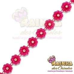 Corrente ABS Flor Rosa Pink com Botão de Strass
