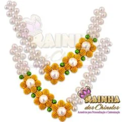 Trama de Pérola Flor Craquelada Dourada (Par)