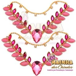 Cabedal em V Correntinha de Folhas Rosa (Par)