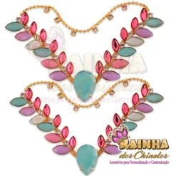 Cabedal em V Correntinha de Folhas Rosa e Azul (Par)