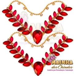 Cabedal em V Correntinha de Folhas Rosa e Vermelho (Par)