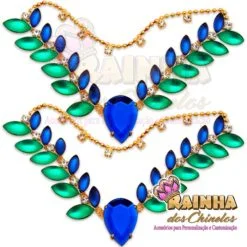 Cabedal em V Correntinha de Folhas Azul e Verde (Par)