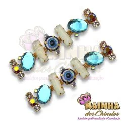 Cabedal Lateral Olho Grego Barras Azul Turquesa 1ª Linha (Par)