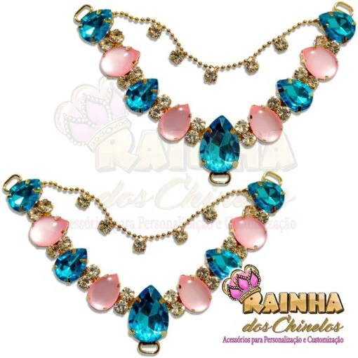 Cabedal em V Correntinha Love Mesclado Azul Turquesa e Rosa Fosco (Par)